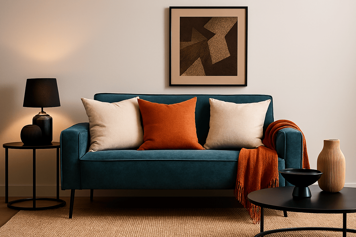 Blue sofa with orange and beige cushions in a homy living room setting. Comfort Couch - That Couch Place