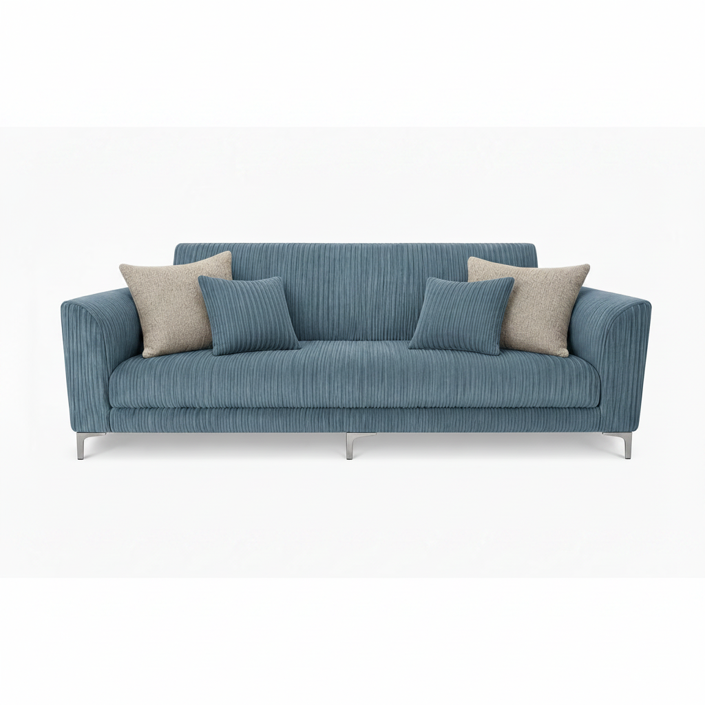 Blue corduroy couch sleeper sofa with beige and blue cushions on a white background