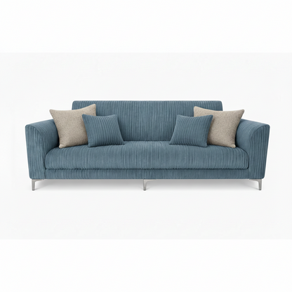 Blue corduroy couch sleeper sofa with beige and blue cushions on a white background