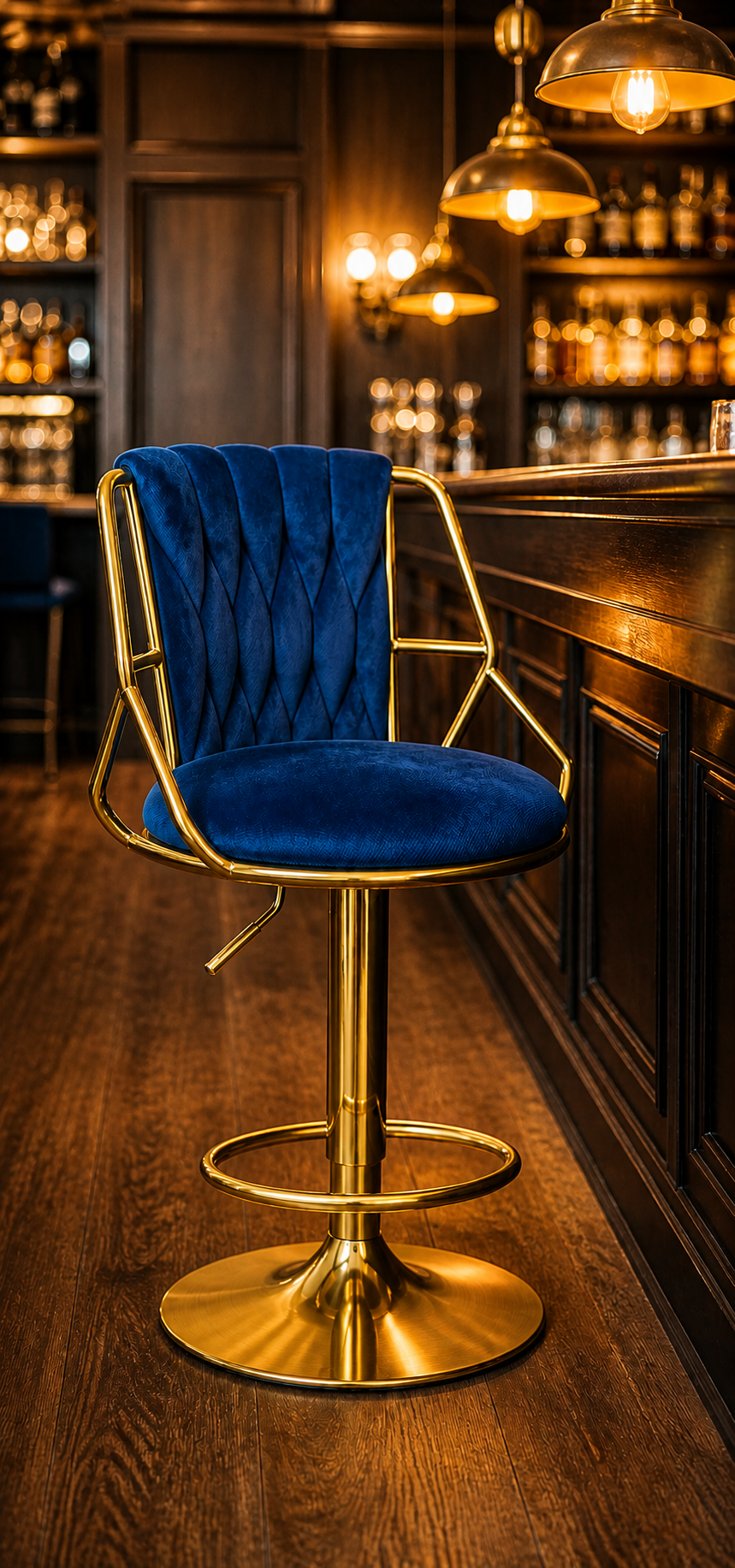 A luxury bar stool with a deep blue velvet tufted seat and backrest, supported by a polished gold-finished metal frame and swivel base, set in a dimly lit, warm bar environment.