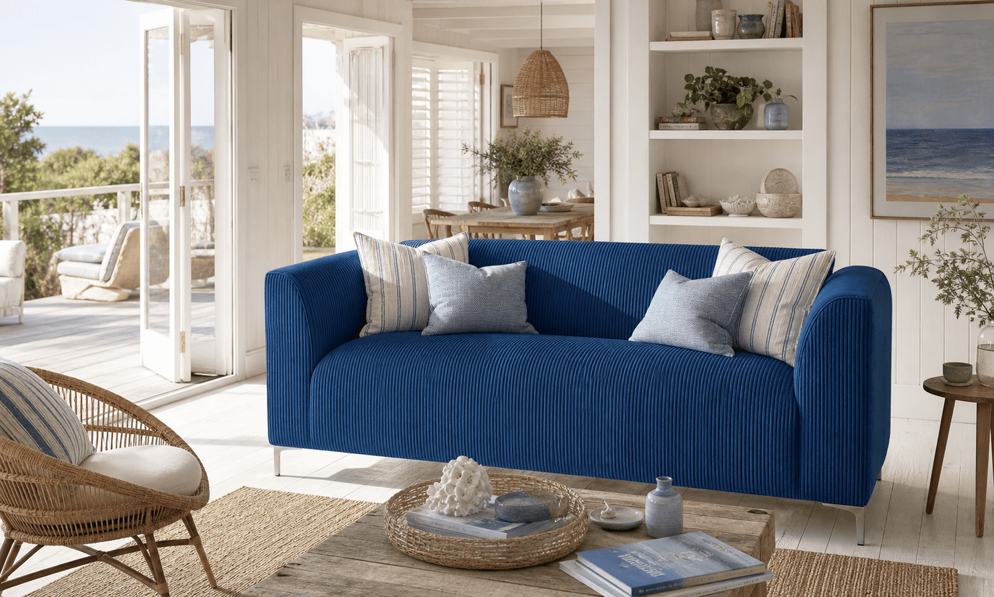 Blue sofa in a bright living room with large windows and outdoor view