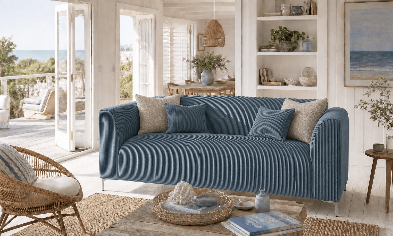 Blue sofa in a bright living room with large windows and a view of the ocean. That Couch Place
