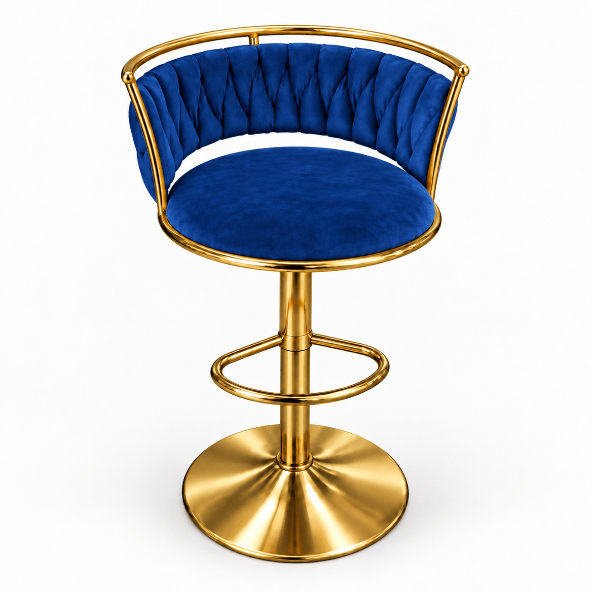 A modern swivel bar stool with a tufted royal blue velvet seat and backrest, supported by a polished gold-finished metal frame and circular pedestal base, shown on a plain white background.