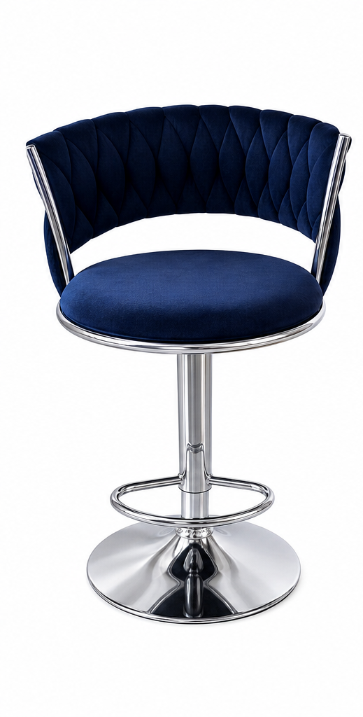 A old fashioned swivel bar stool with a deep navy blue velvet seat and tufted curved backrest, supported by a polished chrome metal pedestal base and footrest, set against a plain white background.
