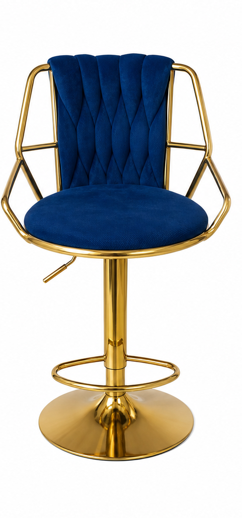 A modern swivel bar stool with a deep blue velvet seat and tufted backrest, supported by a polished gold-finished metal frame and pedestal base.