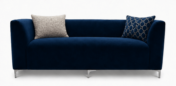 Navy blue sofa with two patterned cushions on a white background