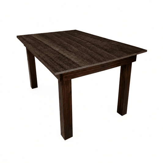 A dark brown melamine 6 seater dining table with a rectangular top and four sturdy legs, shown from an elevated angle on a solid white background.