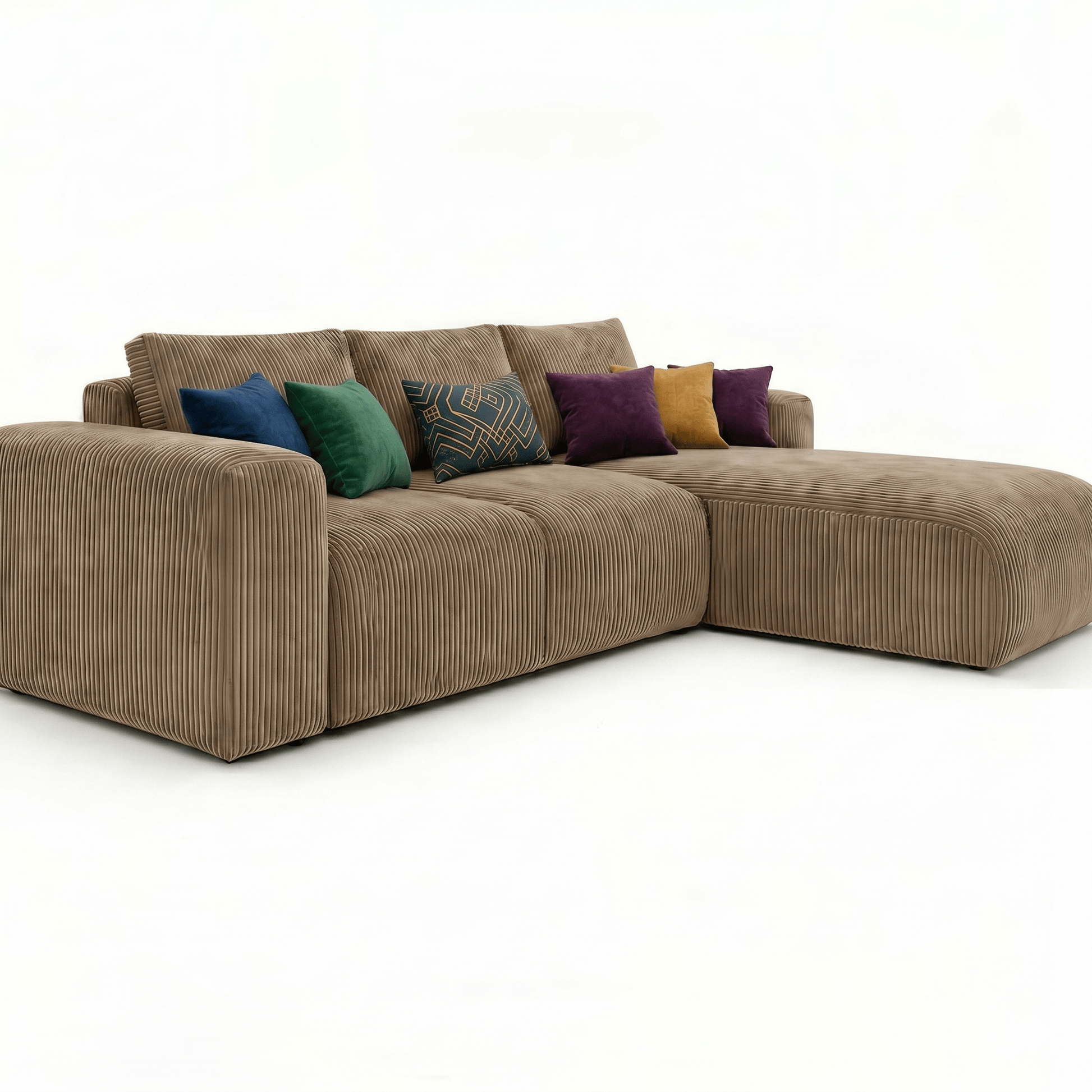 Brown sectional sofa with colorful cushions on a white background