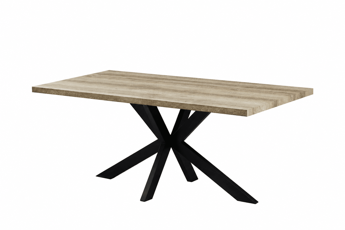 Brown dining table with black steel legs n a white background
