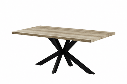 Brown dining table with black steel legs n a white background
