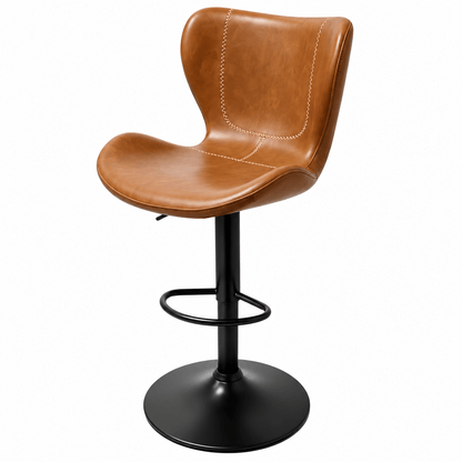 A modern swivel bar stool with a curved backrest and seat upholstered in warm tan leather, featuring contrast stitching, a black metal pedestal base, and a footrest ring, shown on a plain white background.