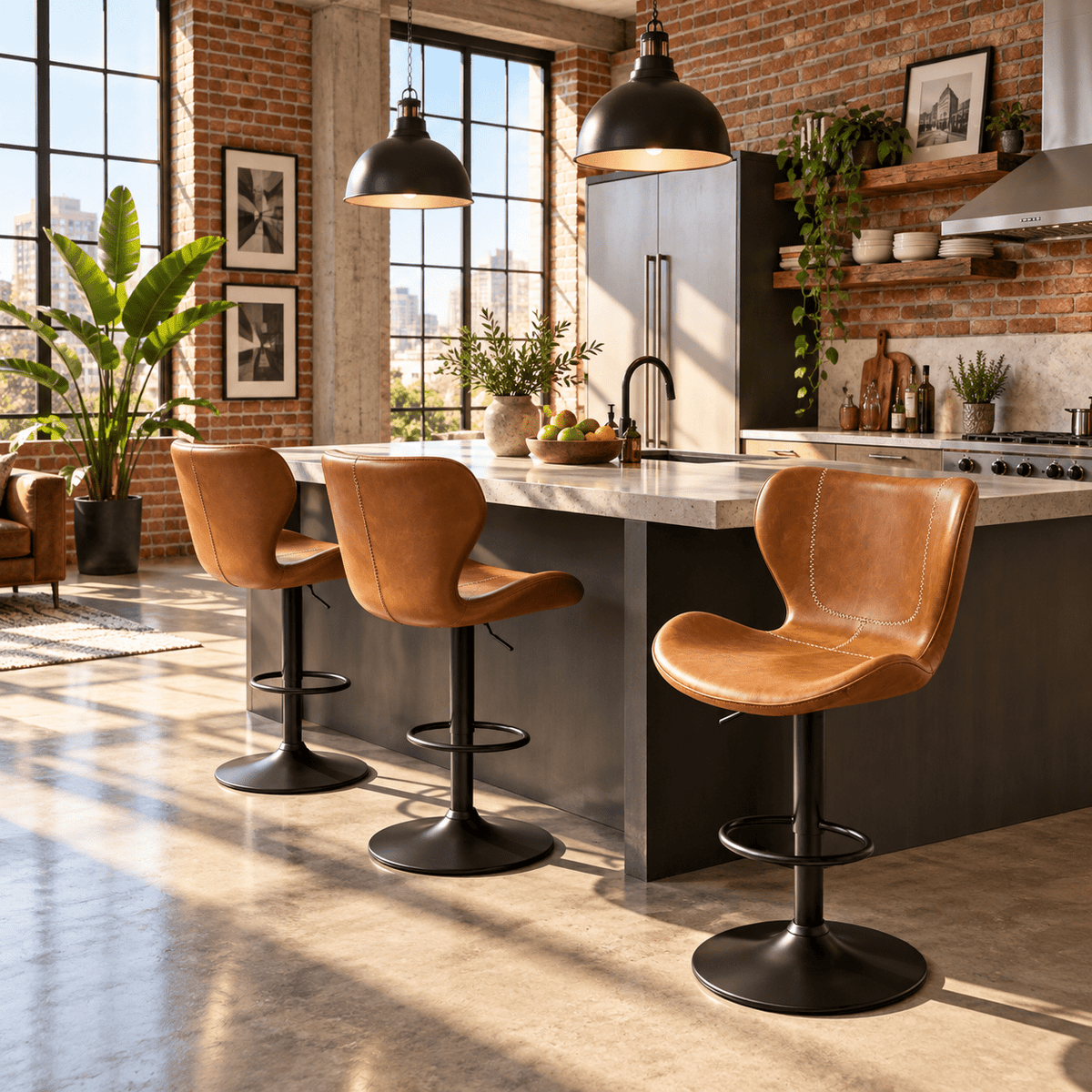 Three tan leather swivel bar stools with black pedestal bases are arranged around a kitchen island in a modern loft-style kitchen with exposed brick walls, large windows, and pendant lights.