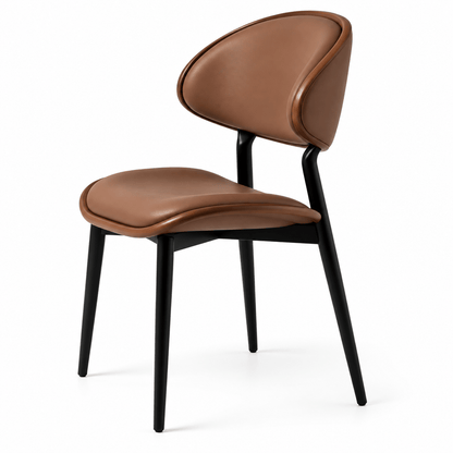 A modern dining chair with a curved brown upholstered seat and backrest, supported by slim black metal legs, shown on a plain white background.