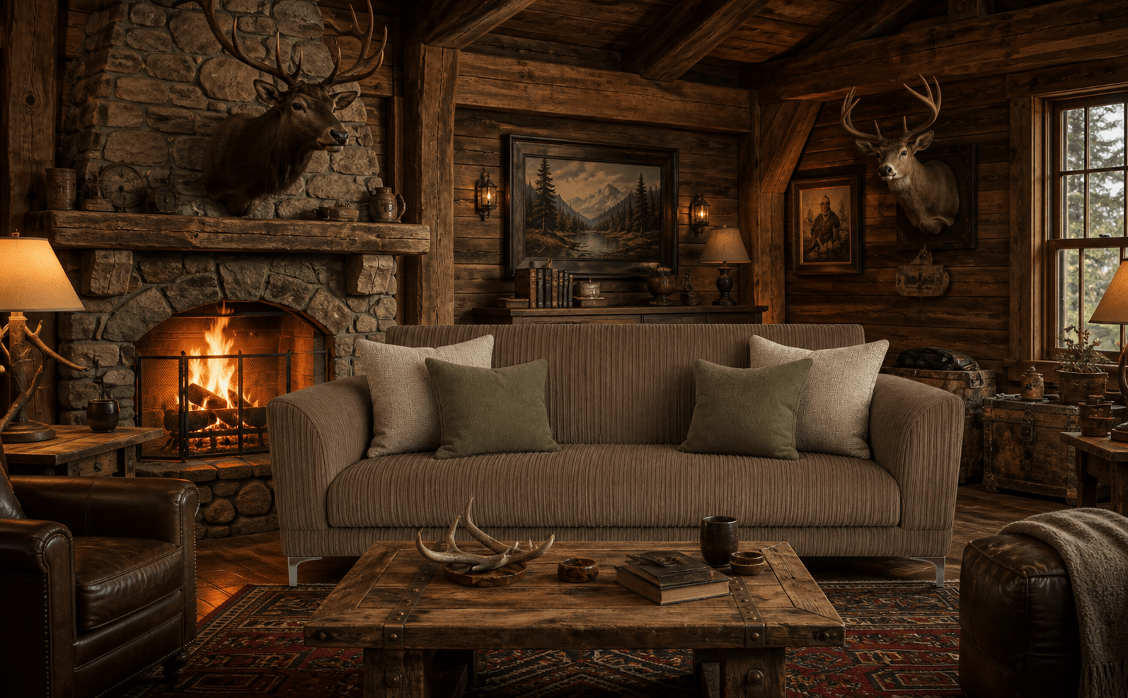 Cozy living room with stone fireplace, wooden furniture, and deer antlers.