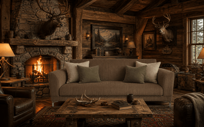 Cozy living room with stone fireplace, wooden furniture, and deer antlers.