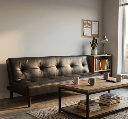 Living room with a brown leather sofa, wooden coffee table, and bookshelf.