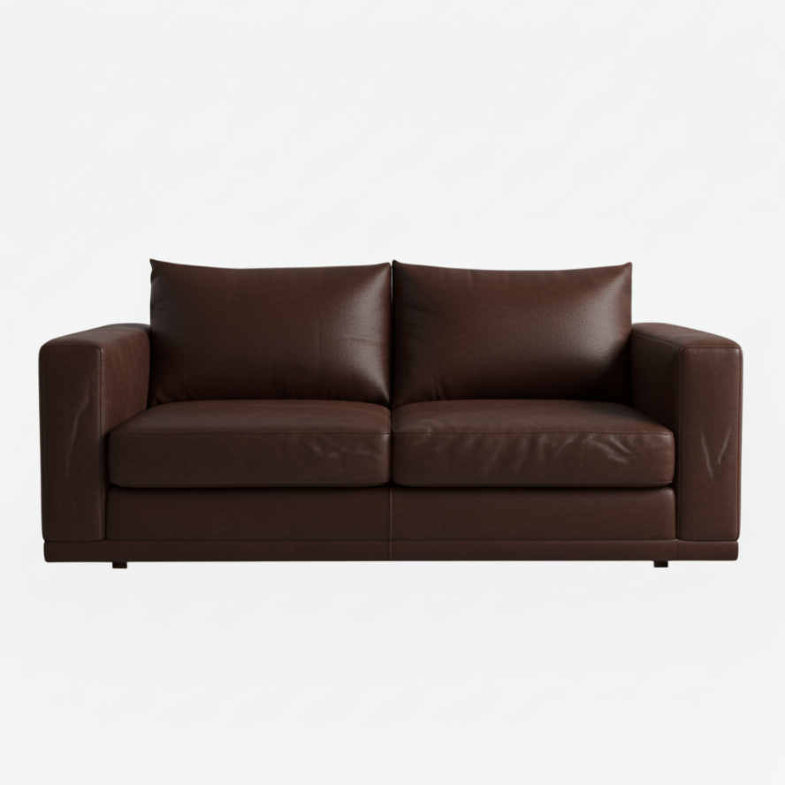 Brown leather sleeper couch on a white background That Couch Place