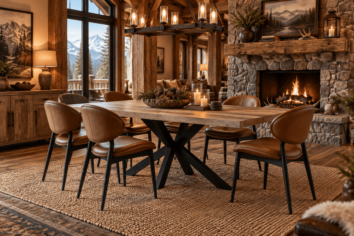 A rustic dining room scene featuring a rectangular wooden dining table with a black X-base and six brown leather upholstered chairs, set on a large woven jute rug in front of a stone fireplace with a visible fire.