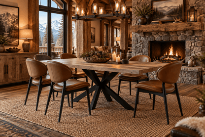 A rustic dining room scene featuring a rectangular wooden dining table with a black X-base and six brown leather upholstered chairs, set on a large woven jute rug in front of a stone fireplace with a visible fire.