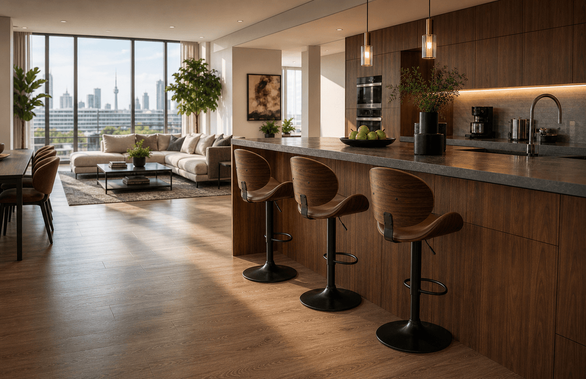 A modern kitchen island with three brown upholstered bar stools, set in a bright, contemporary open-plan apartment with hardwood floors, a city view, and a living room in the background.