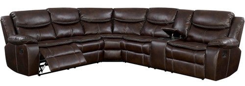 Brown leather sectional sofa with reclining seats on a white background
