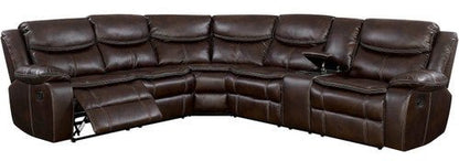 Brown leather sectional sofa with reclining seats on a white background
