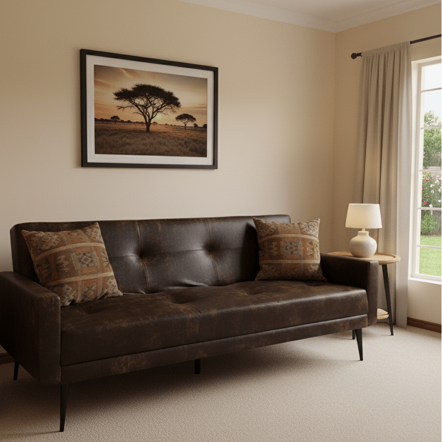 Brown leather sofa in a living room with a painting on the wall and a lamp on a side table. That Couch Place