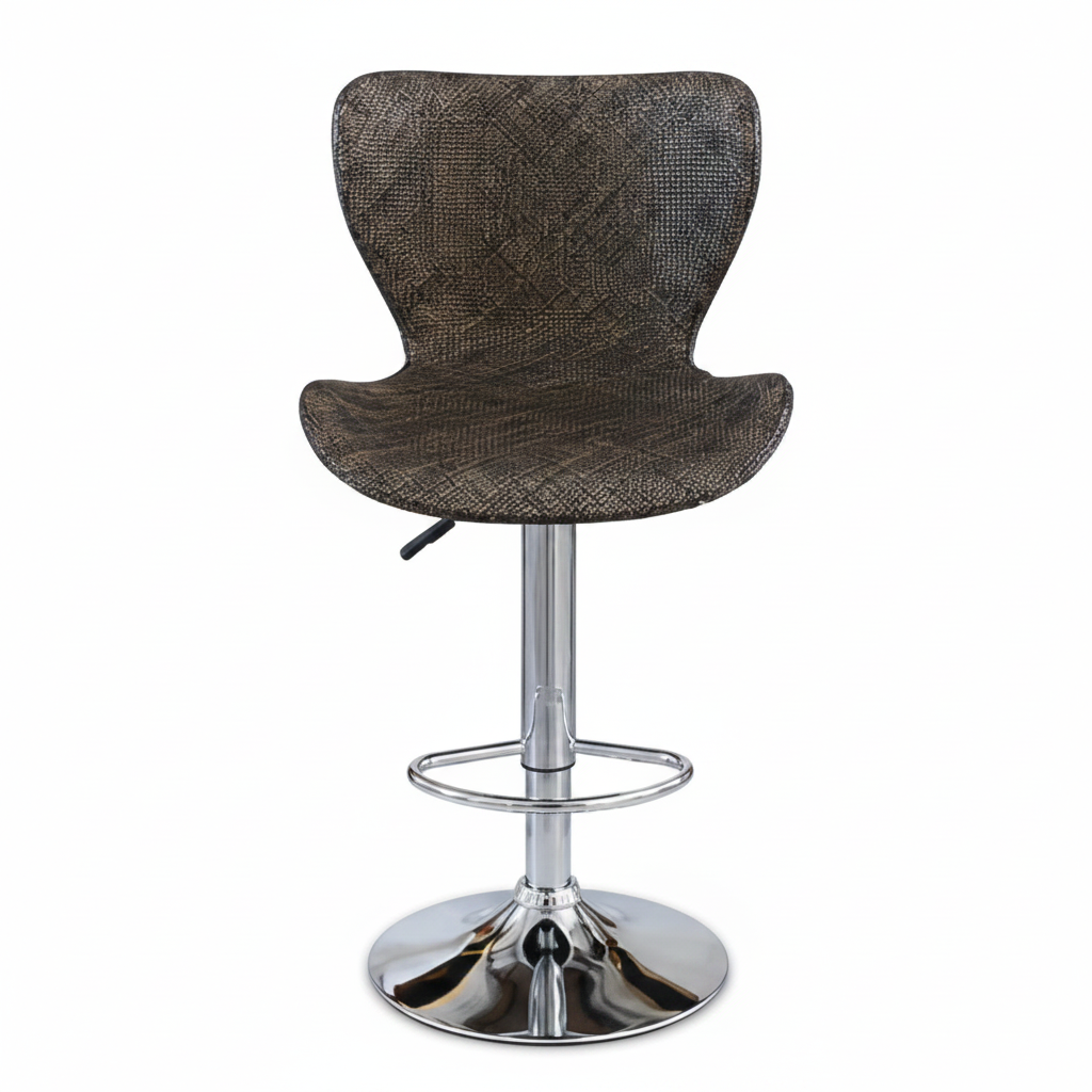A modern swivel bar stool with a textured dark brown woven seat and backrest, supported by a polished chrome metal pedestal base and footrest ring.
