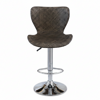 A modern swivel bar stool with a textured dark brown woven seat and backrest, supported by a polished chrome metal pedestal base and footrest ring.