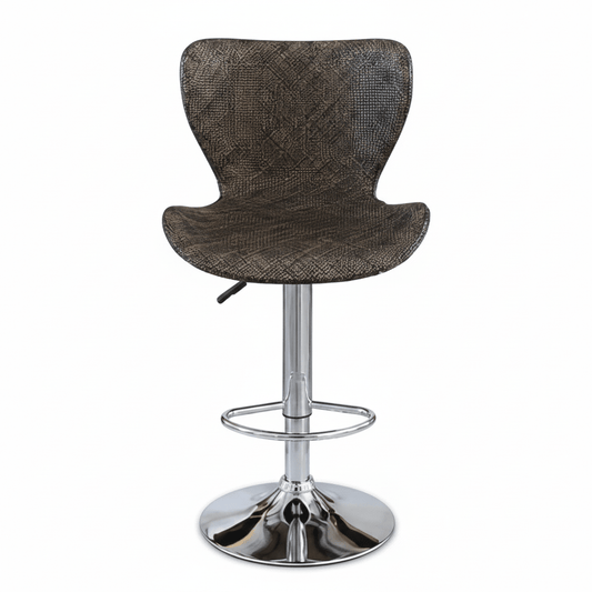 A modern swivel bar stool with a textured dark brown woven seat and backrest, supported by a polished chrome metal pedestal base and footrest ring.