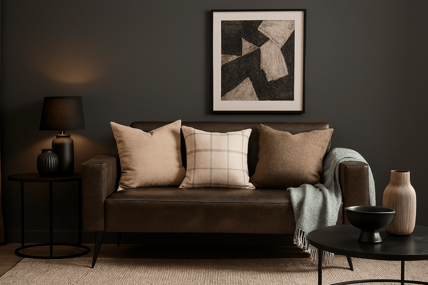 Cozy guest hose room with a brown sofa, decorative pillows, and a framed abstract art piece on the wall. Comfort Couch - That Couch Place