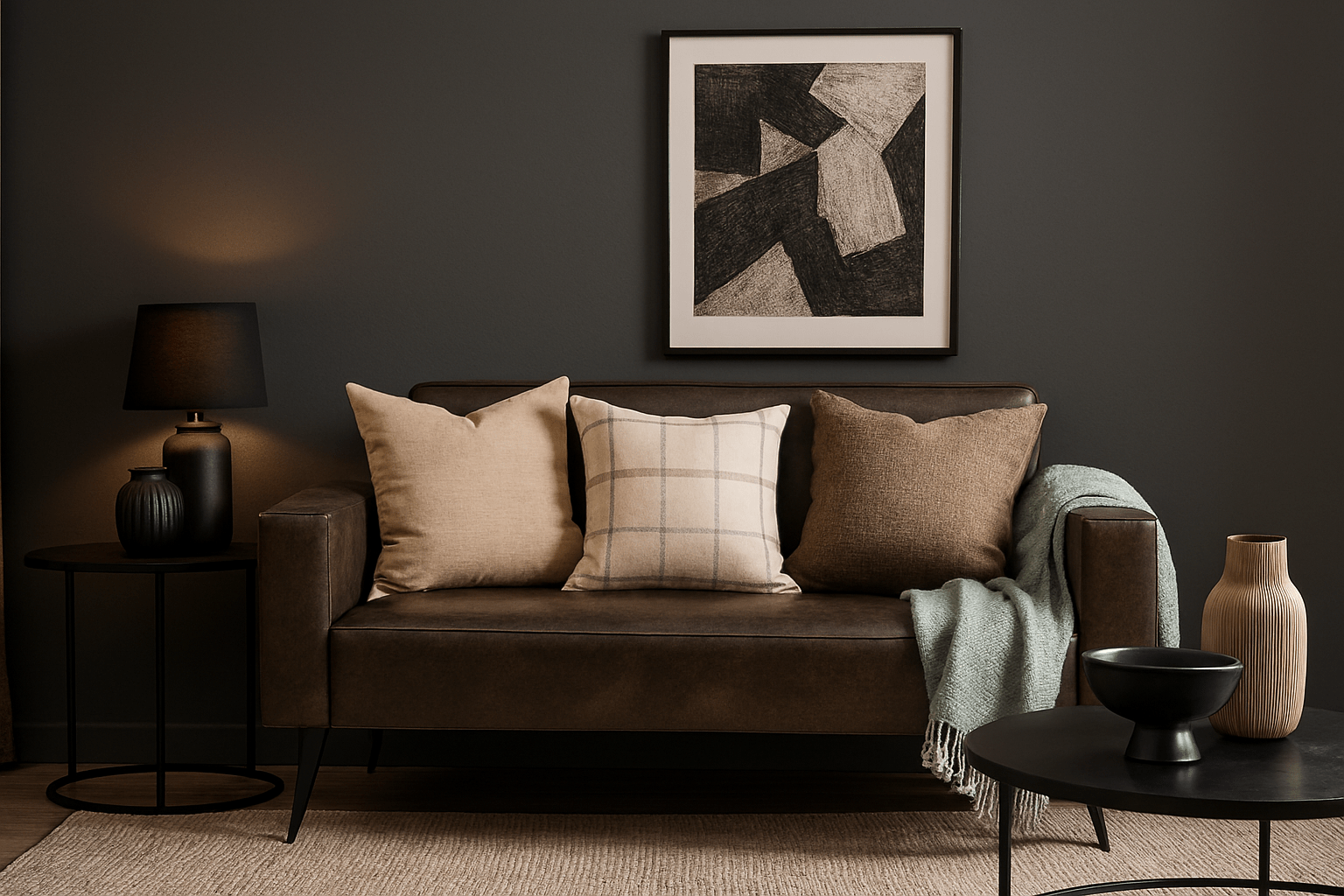 Cozy guest hose room with a brown sofa, decorative pillows, and a framed abstract art piece on the wall. Comfort Couch - That Couch Place