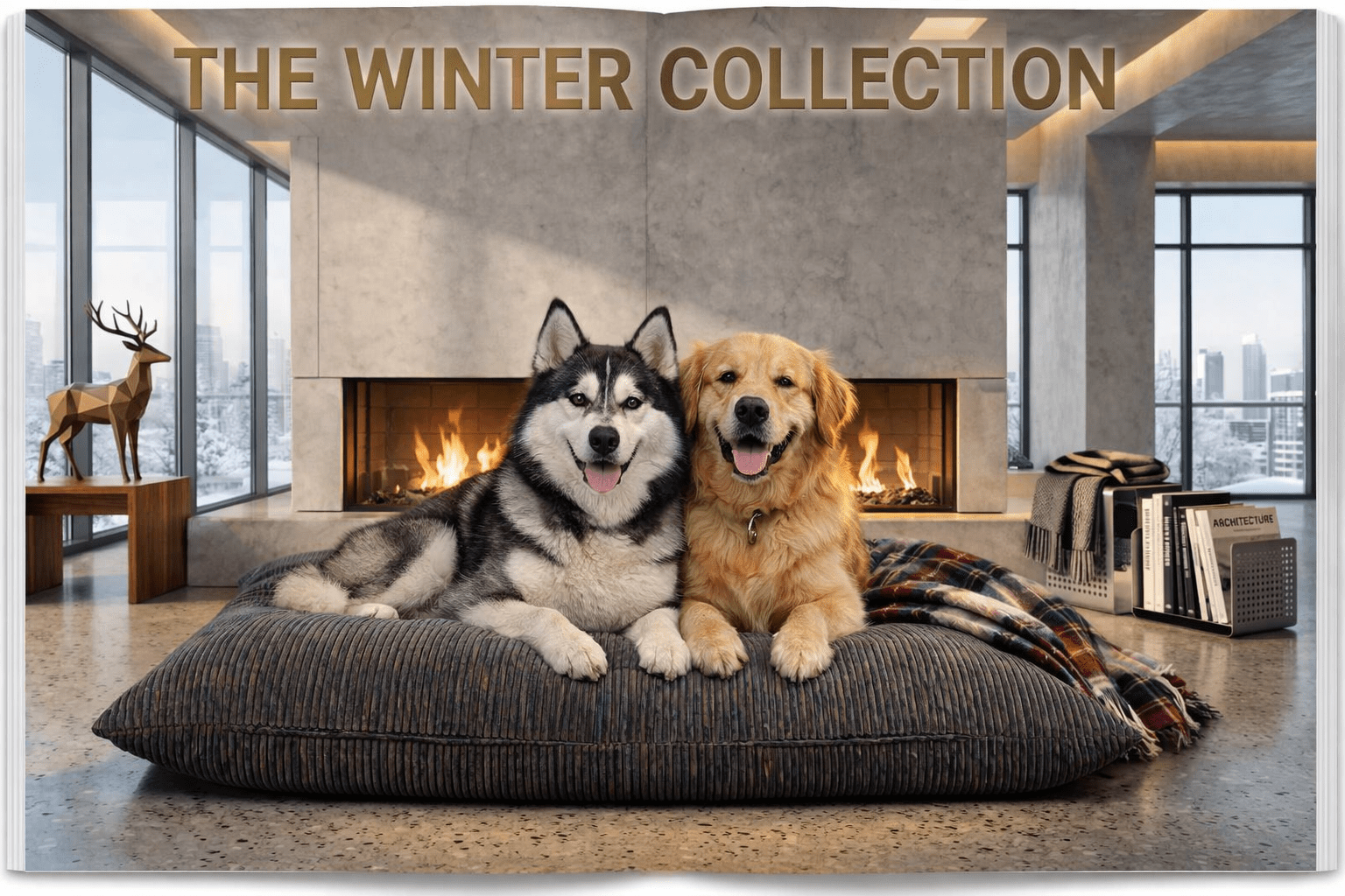 Two dogs on a pillow in a room with a fireplace and city view.