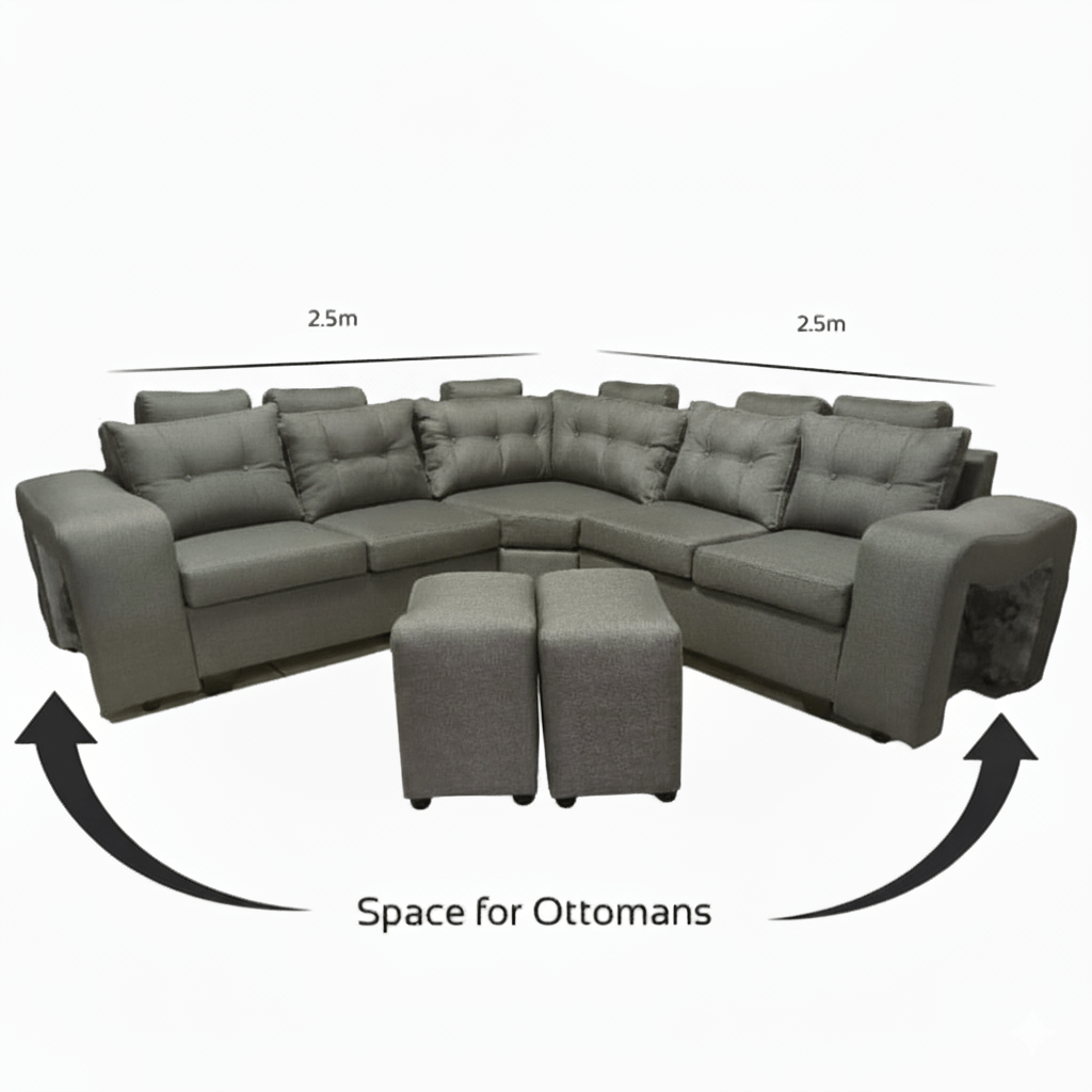 Gray sectional sofa with ottomans and space measurement on a white background