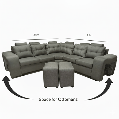 Gray sectional sofa with ottomans and space measurement on a white background