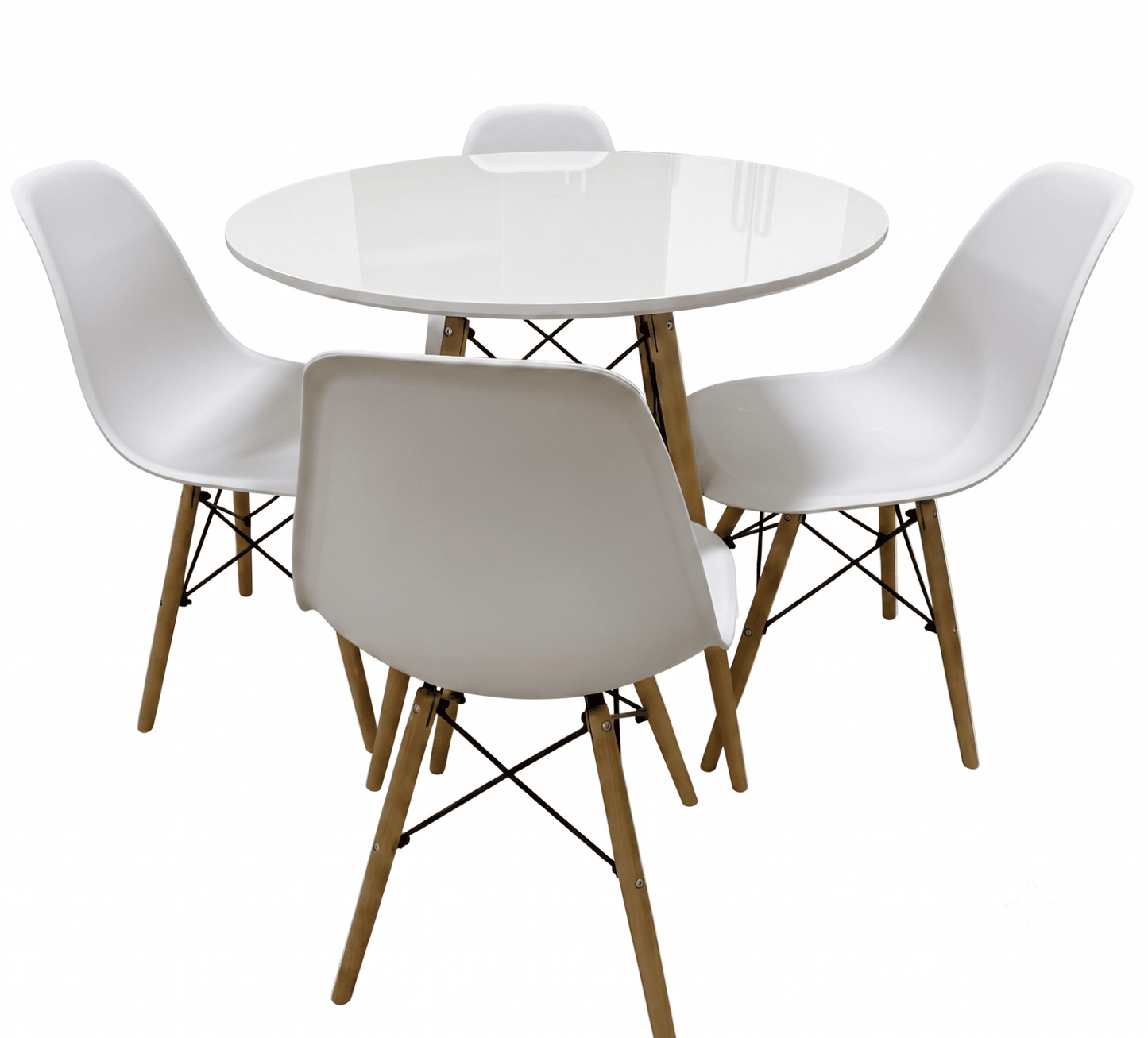 A modern 4-piece dining set featuring a round glossy white table and four matching white molded plastic chairs with light wood legs and black wire accents, shown on a solid white background.