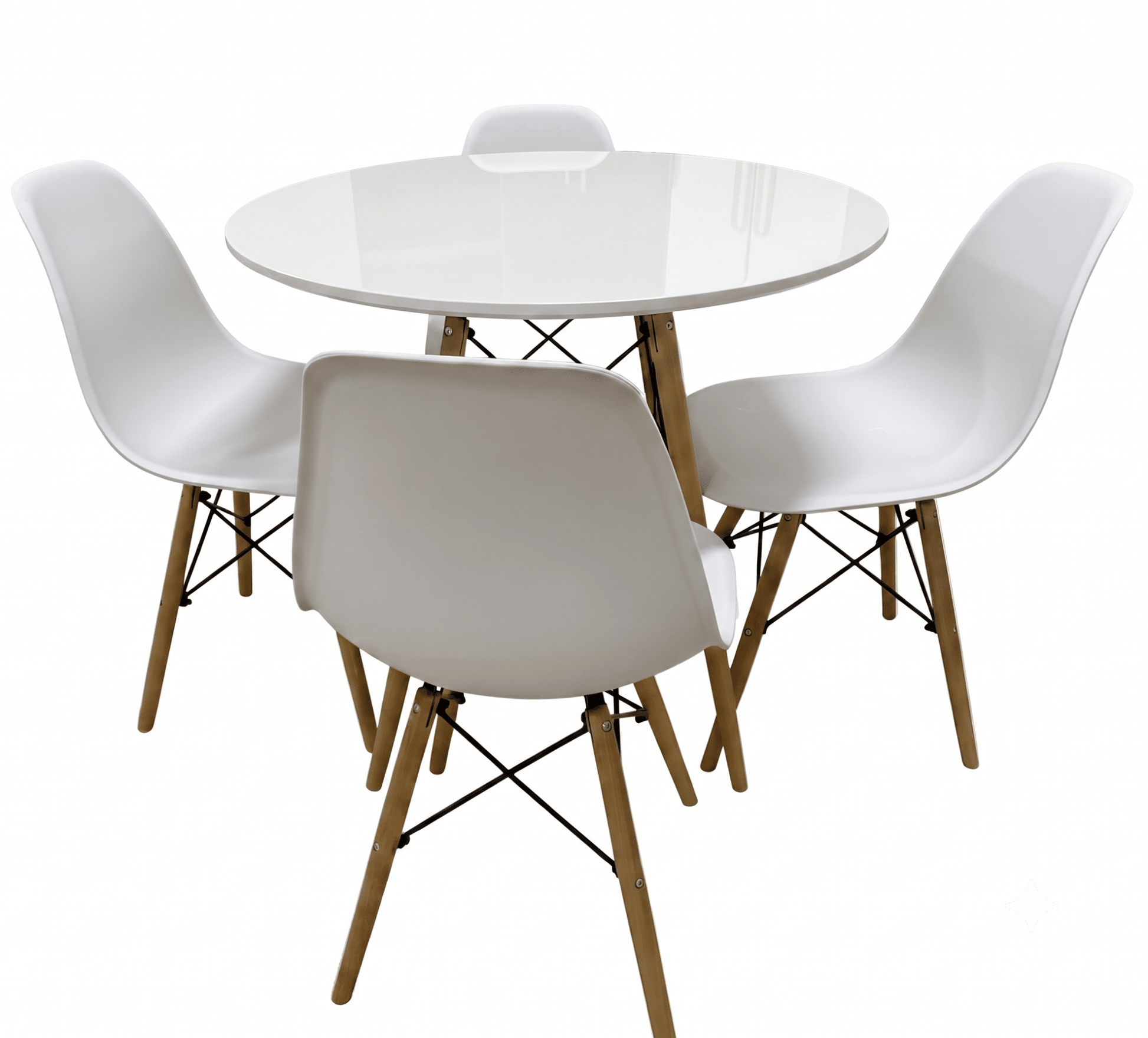 A modern 4-piece dining set featuring a round glossy white table and four matching white molded plastic chairs with light wood legs and black wire accents, shown on a solid white background.