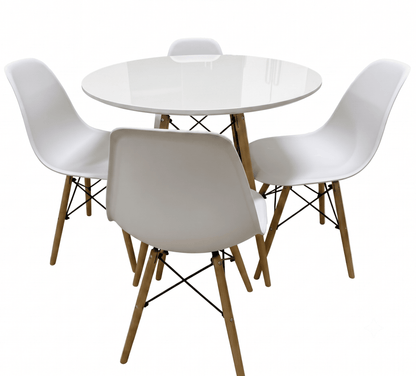 A modern 4-piece dining set featuring a round glossy white table and four matching white molded plastic chairs with light wood legs and black wire accents, shown on a solid white background.