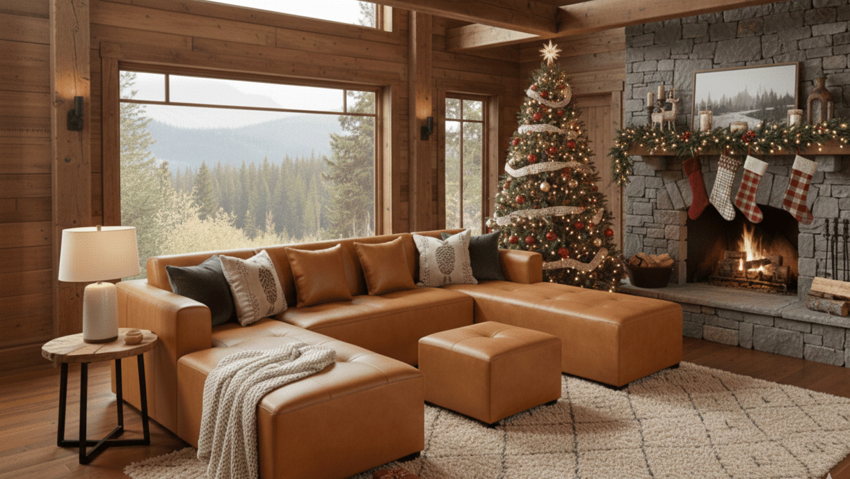 Cozy living room with a Christmas tree, fireplace, and mountain view. That Couch Place