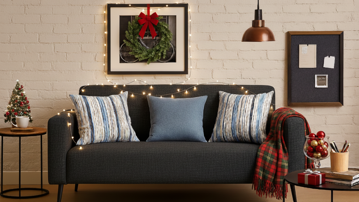 Living room with a gray sofa decorated with pillows and a plaid blanket, surrounded by festive decor.
