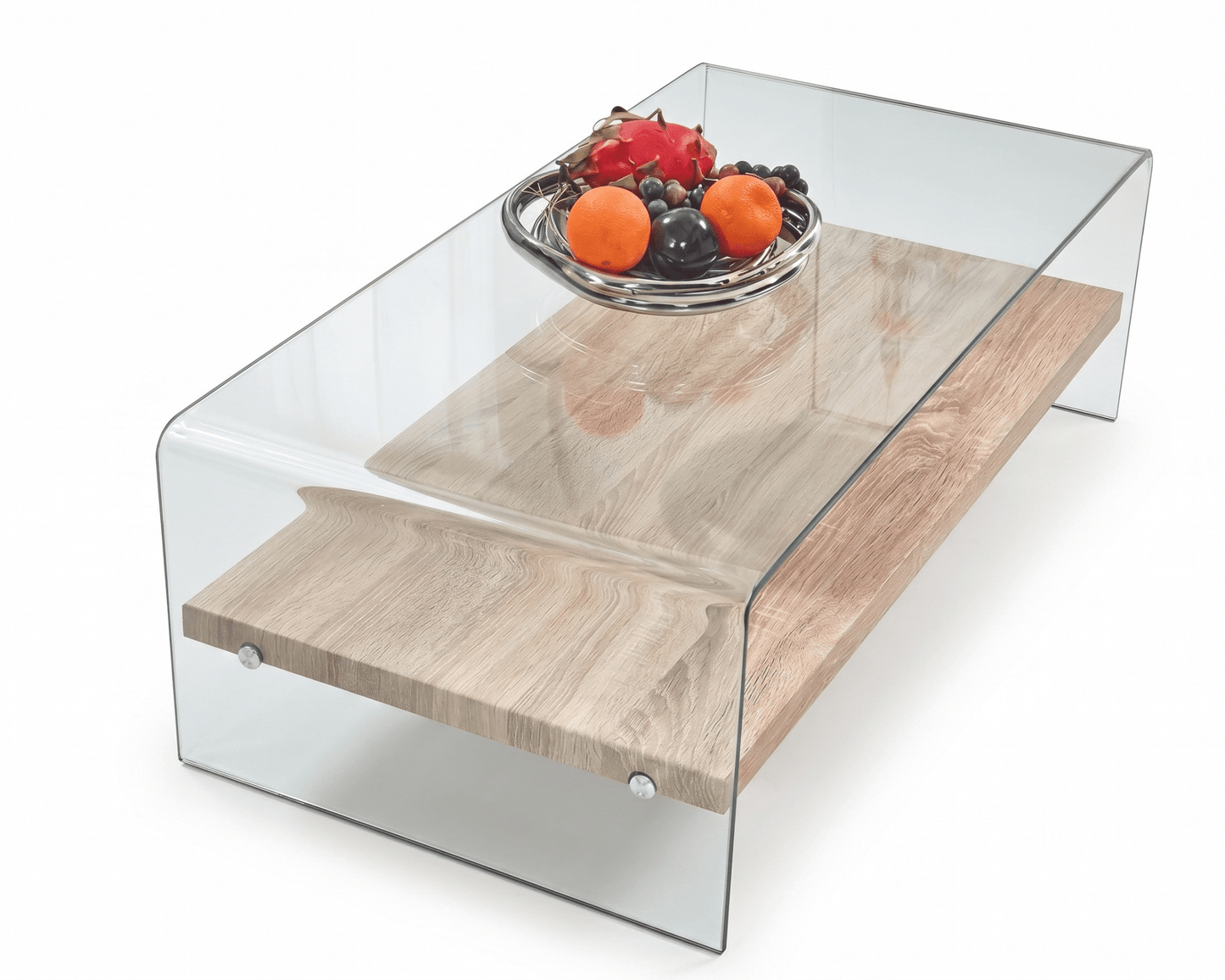 Glass coffee table with wooden base and fruit bowl on a white background