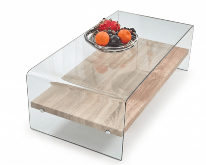 Glass coffee table with wooden base and fruit bowl on a white background