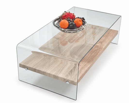 Glass coffee table with wooden base and fruit bowl on a white background