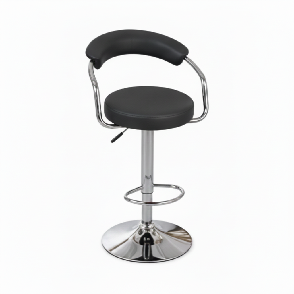 A modern bar stool with a black upholstered seat and curved backrest, supported by a polished chrome metal base and footrest, shown against a plain white background.