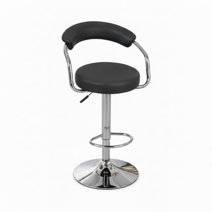 A modern bar stool with a black upholstered seat and curved backrest, supported by a polished chrome metal base and footrest, shown against a plain white background.