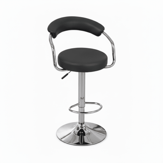 A modern bar stool with a black upholstered seat and curved backrest, supported by a polished chrome metal base and footrest, shown against a plain white background.