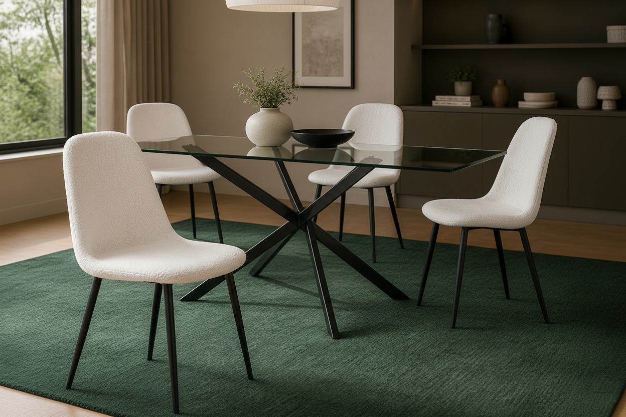 A modern dining set featuring a rectangular glass-top table with a gold-tone X-shaped metal base, surrounded by four white upholstered dining chairs with black legs, set on a beige rug in a contemporary dining room.