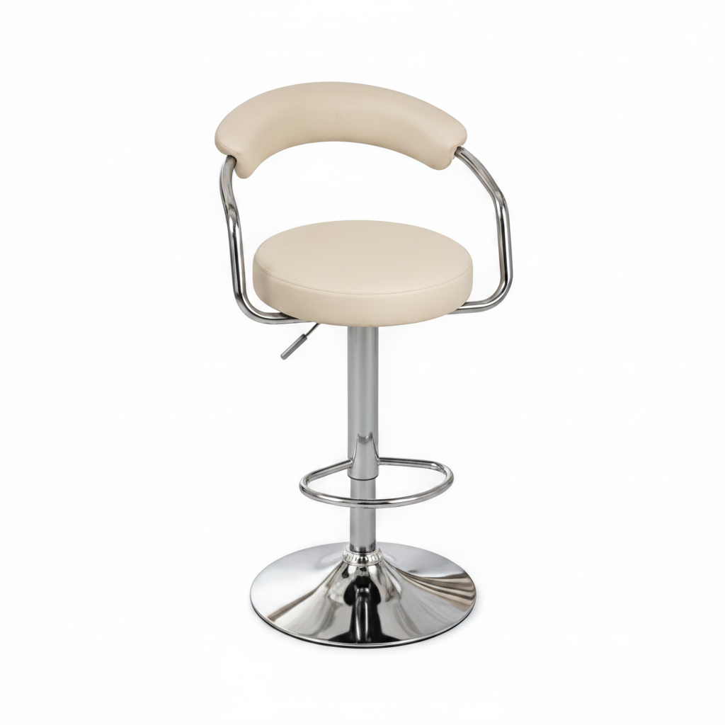 A modern swivel barstool with a cream upholstered seat and curved backrest, supported by a polished chrome metal pedestal base and footrest ring.