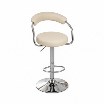 A modern swivel barstool with a cream upholstered seat and curved backrest, supported by a polished chrome metal pedestal base and footrest ring.