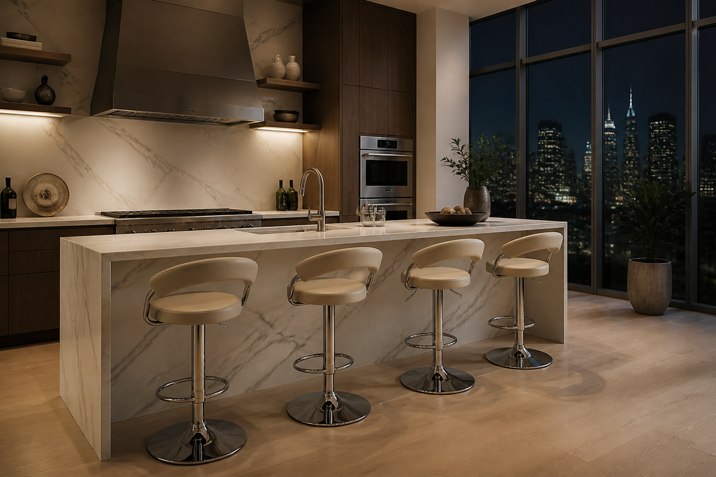 A modern kitchen island with a white marble-look surface and base, four cream upholstered bar stools with chrome bases, dark wood cabinetry, built-in appliances, and large floor-to-ceiling windows overlooking a city skyline at night.